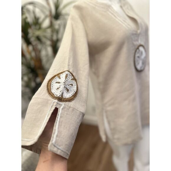 BARBARA GERWIT Linen Blouse Top S/M Tunic‎ Beaded Shirt Sand Dollar Ivory Beach - Picture 3 of 12